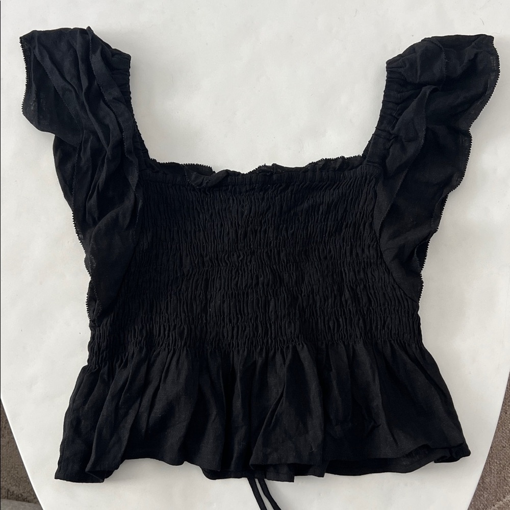 NWT SUNCOO PARIS Black Smocked Peplum Linen Blend Babydoll Flutter Sleeve Top T3 - Picture 5 of 9